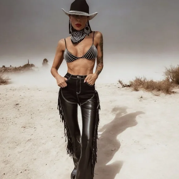 Western cowgirl chaps jeans, fringe denim, festival fringe pants - Picture 5 of 10